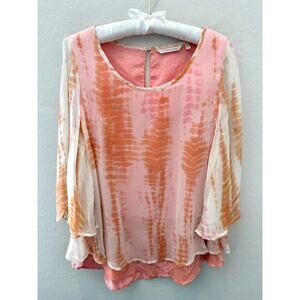 SOFT SURROUNDINGS | Pink Tie-Dye Sheer Layered Blouse Boho Bell Sleeves | Medium